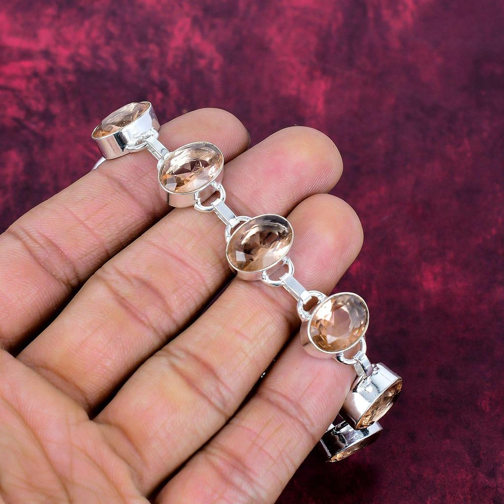 Morganite 925 Solid Sterling Silver Bracelet, Handmade Gemstone Bracelet Jewelry, Gifts For Wife Brand New Bracelet