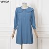 VONDA Women Elegant Doll Collar Long Sleeve Casual Tunic Dress