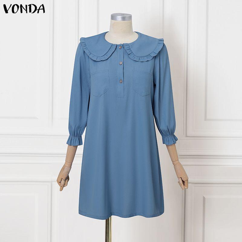

VONDA Women Elegant Doll Collar Long Sleeve Casual Tunic Dress 2XL