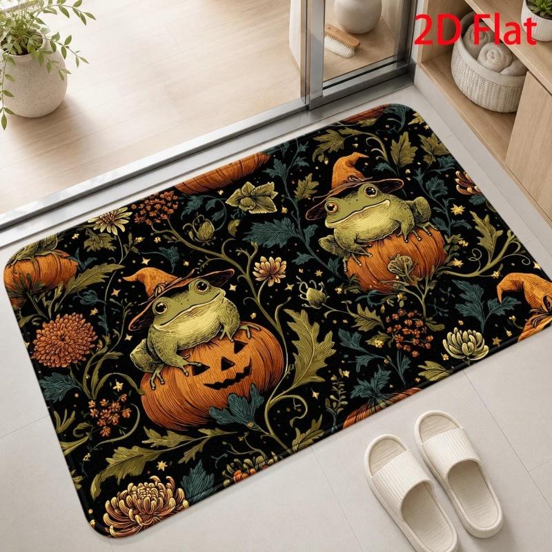 Witch Hat Frog Pumpkin Floral Halloween Household Doormat, Vintage Spooky?plant Printed Floor Rug, Decorative Entry Mat