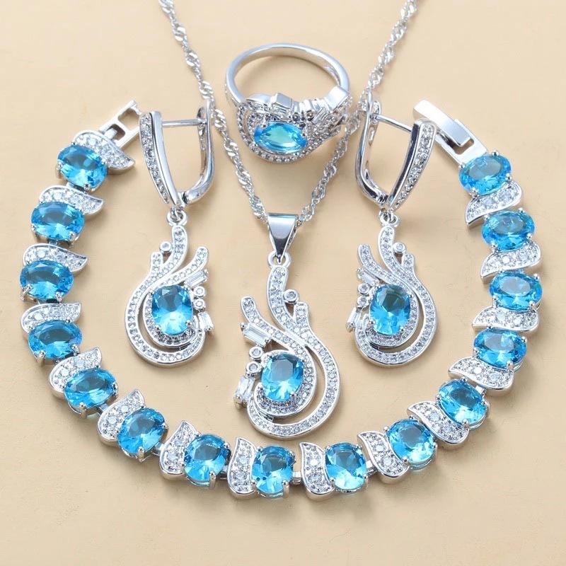 Blue Jewelry with Gem Set Pendant Earrings Necklace and Ring Lady Set