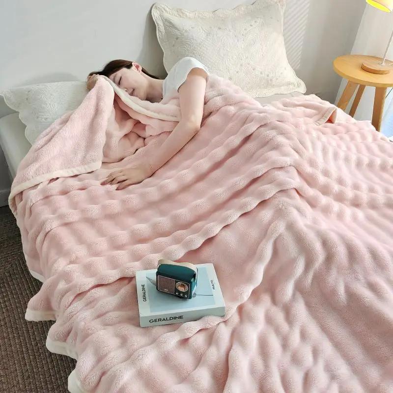 Solid Thickened Bubble Velvet Blanket Super Soft Cozy Flannel Sofa Cover Blanket Single Double Office Nap Air Conditioning Shawl