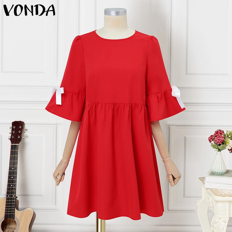 VONDA Summer Women Half Sleeve Bow Knot Casual Pleated Tunic Dress