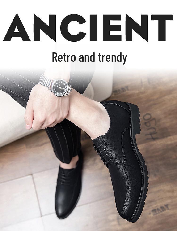 Men's British Style Pointed Toe Lace-up Black Leather Shoes - Korean Casual Spring/Autumn Trend