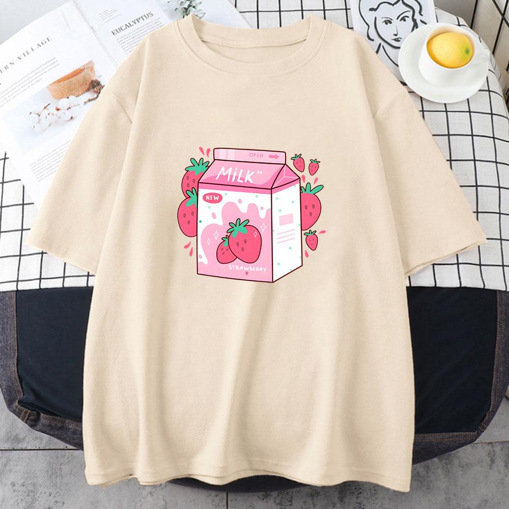 Strawberry Milk Cartoon Printing Teeshirt Casual Short Sleeve Oneck Tshirts Cotton Soft High Quality Tshirts Women Girls Tees
