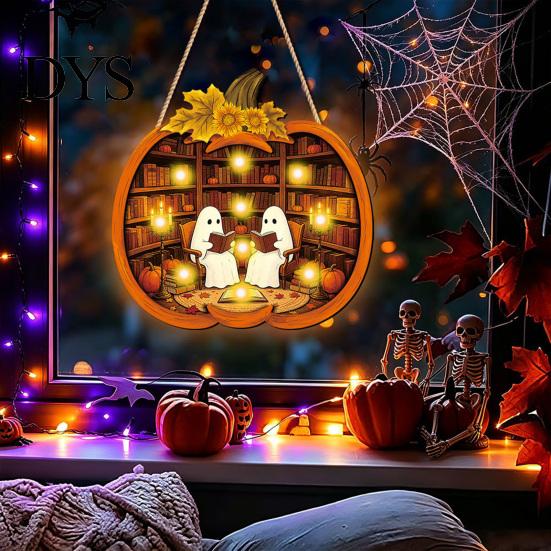 Durable Halloween Decorations Door Sign, Glowing Ghost Hanging Decor, Wooden LED Window Cool Patterned Ornaments Ornament for Party, Spooky