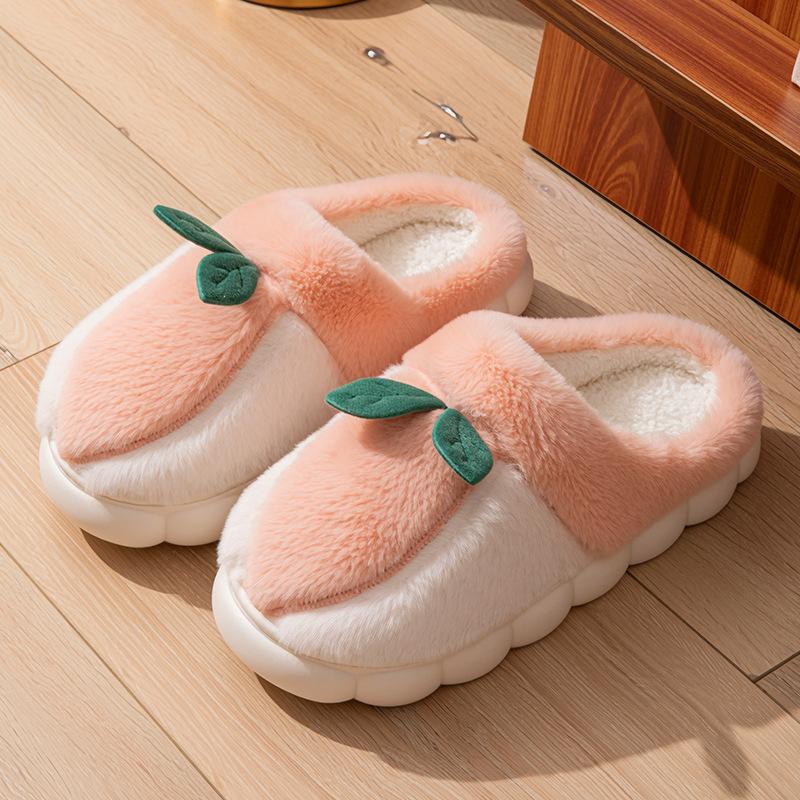 Home Plush Cotton Slippers Women's Autumn and Winter Indoor Soft Bottom Non-slip Plush Warm Couple Strawberry Leaf Cotton Mop