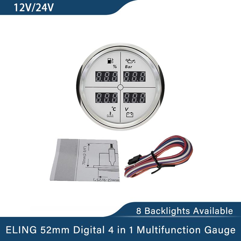 ELING Car 12V 24V 52mm 85mm 4 in 1 Multifunction Gauge with Fuel Level Oil Pressure Water Temp. Voltmeter and 8 Colors Backlight