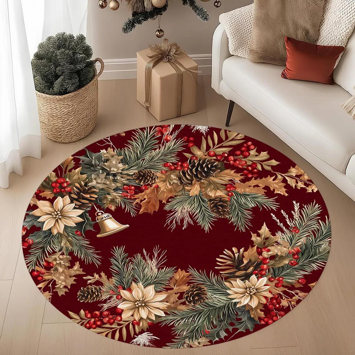 

Christmas Poinsettia Floral Print Round Area Rug Non-Slip Chair Mat for Living Room, Bedroom Decor Soft Carpet 40X40CM
