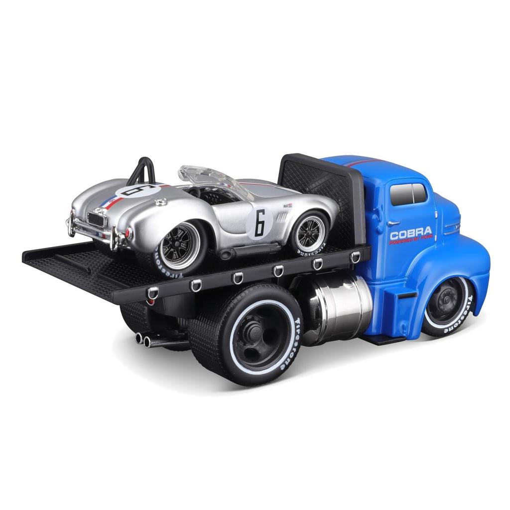 Maisto 1/64 Scale Muscle Machines Muscle Transporter Diecast Model Car (1950 Ford COE Flatbed/1964 Shelby Cobra - Silver/Blue 11548)
