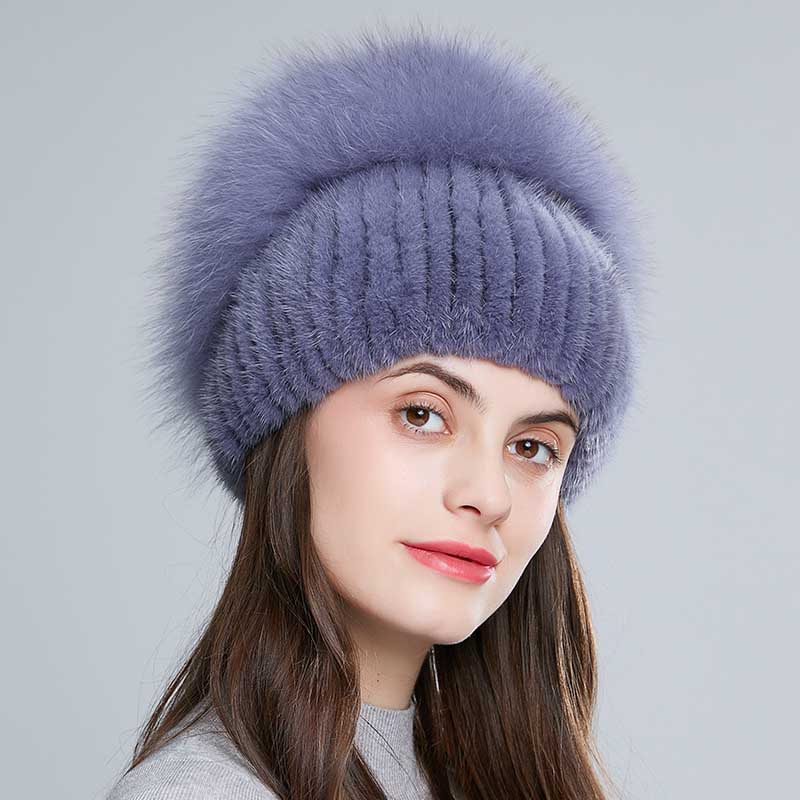 Fox Fur Pom Beanie Hat Real Mink Fashion Warm Winter Knitted Hats for Women Real Fur Beanie Hat With Fox Fur Pom