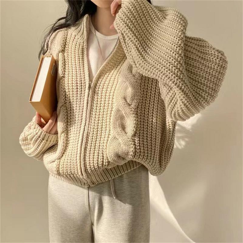 Korean Retro Chic Autumn/Winter Loose Zipper Cable Knit Women's Cardigan