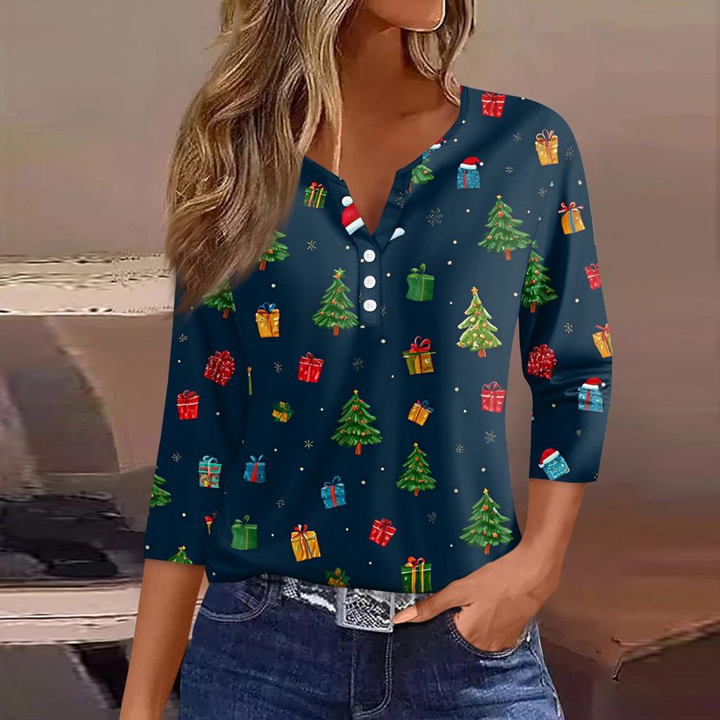 Women's T Shirt Tee Christmas Printed Button 3/4 Sleeve Tunic Daily Weekend Fashion Basic V- Neck Regular Top