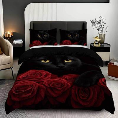 Quilt Cover Black Cat And Rose Digital Printing Three-Piece Flower Quilt Cover Bedding Kit