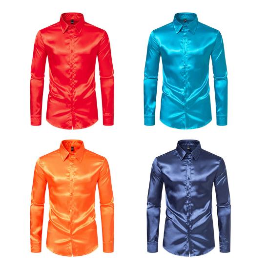 Men Shirt Lapel Long Sleeve Single Breasted Shirt Tops Pure Color Glossy Design Smooth Satin Shirt Versatile Daily Wear