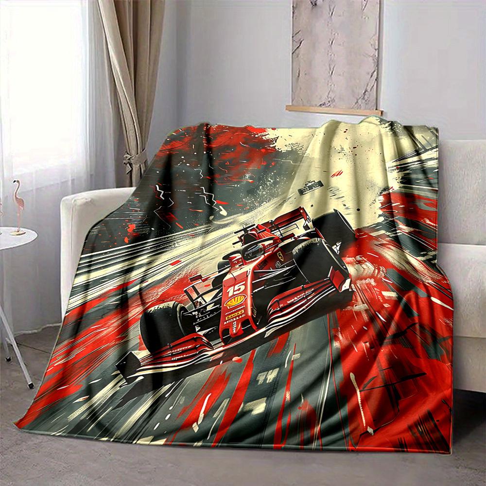 1 szt. Koc Flanelowy Wyścigowy Formuła 1 HD Nadruk Lekki Miękki Ciepły Koc na Cały Sezon do Sofy, Łóżka, Podróży, Kempingu Można Prać w Pralce