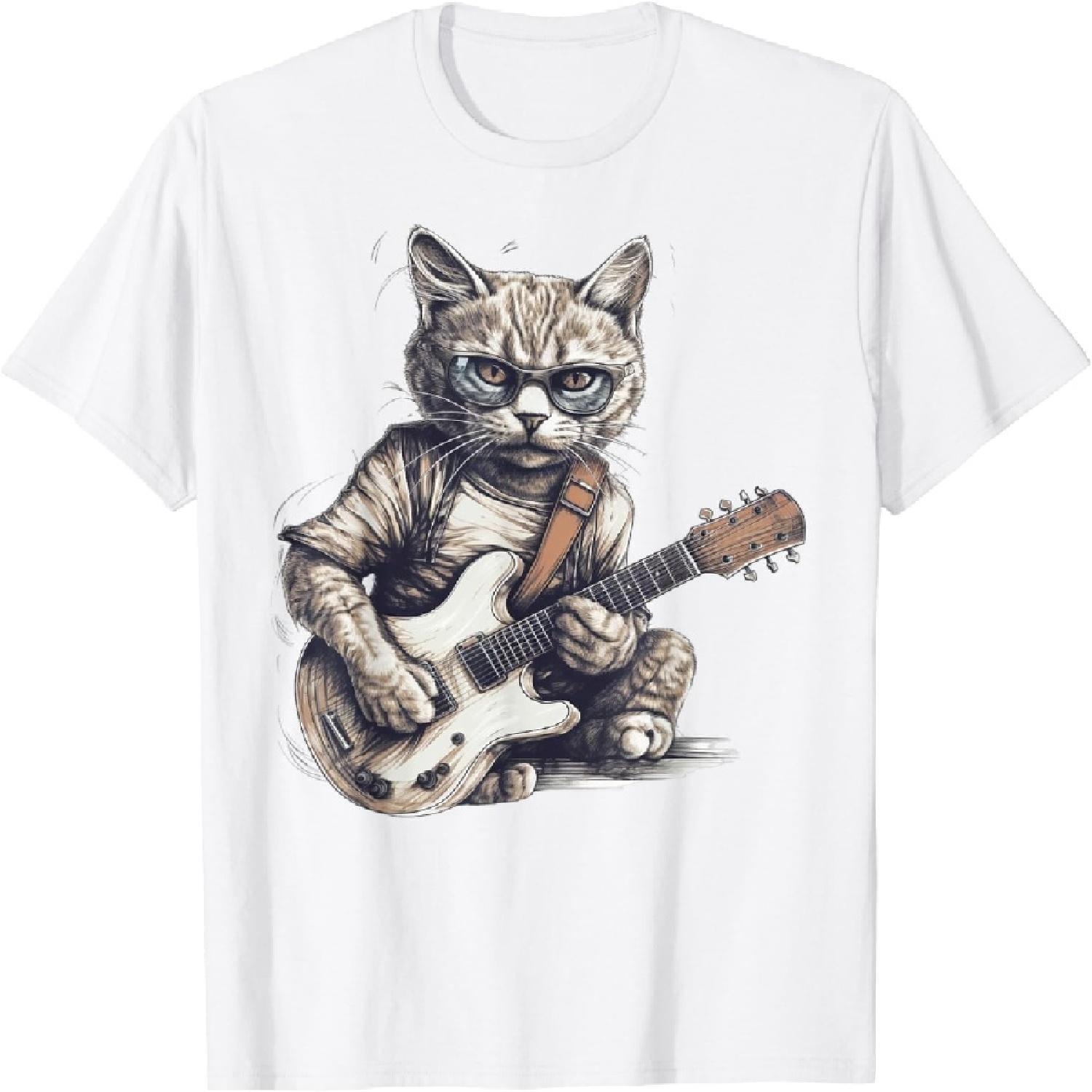 ChrYSm Vintage Jazz Cat Playing Guitar Band Retro Jazz Band T-Shirt Funny Graphic Novelty T Shirt for Men Women S