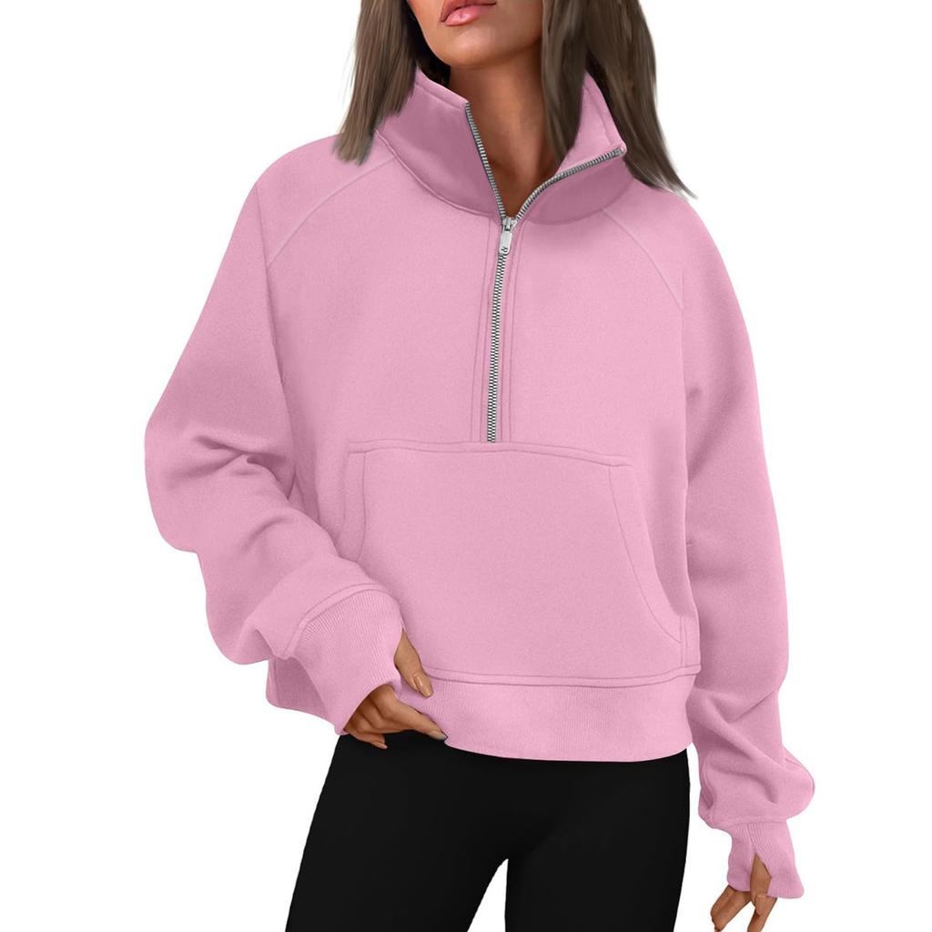 Women's Stand Collar Plus Fleece Solid Color Hoodie Long Sleeve Pocket Loose Half Zip Pullover Hoodie Top