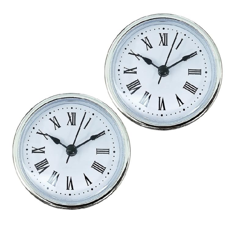 2Pcs Stylish 65MM Round Small Quartzs Clock Insert with Roman/Arabic Number and Gold Silver Trim for Home Decoration