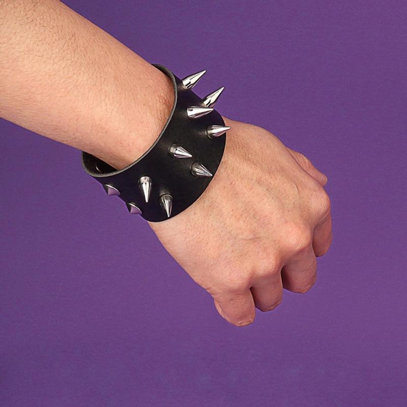 Spiked Studded Bracelet Black Leather Rivets Punk Bracelet Cuff Wrap Bangle Metal Snap Button Wristband for Men Women