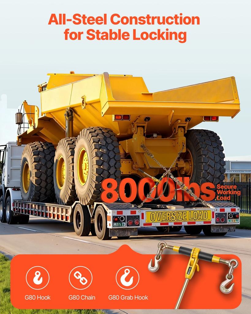 Ratchet Chain Binder, 5/16 In X 12.8 Ft G80 Chains, 8000 Lbs Working Load of Ratchet Load Binder, Chains and Binders Set, Tie Down Hauling Chain