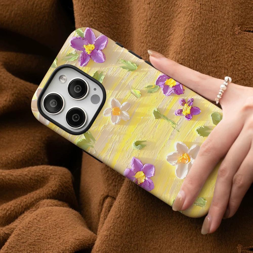 Retro Oil Painting Flowers Phone Case For IPhone 16 15 14 13 12 11 Pro Max Plus Samsung S24 S23 Ultra Glossy HD Hard PC Cover