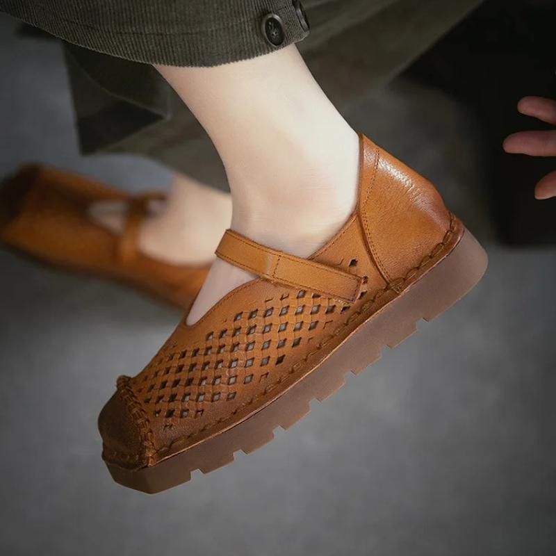 Johnature Genuine Leather Retro Hollow-out Breathable Flat Sandals Square Toe Comfortable Women's Shoes