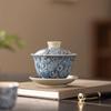 Blue and White Porcelain Ru Kiln Tea Set – Retro Lidded Bowl Tea Cup with Blossoms, Anti-Scald Design for Brewing Tea