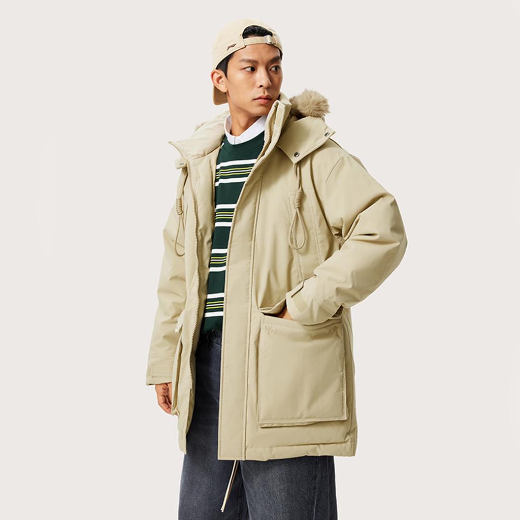 Li Ning Sports Trend Series Jednobarevná Mikina s Kapucí na Zip Odolná proti Chladu Zimní Outdoorová Středně Dlouhá Péřová Bunda Pánská Svrchní Oblečení Mléčně-Khaki AYMU361-2