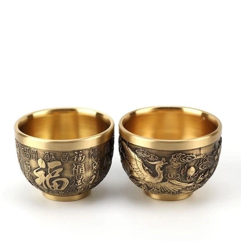 Vintage Retro Dragon Phoenix Cup Traditional Feng Shui Hundred Blessings Cup Desktop Ornament Gold Millet Cylinder Home Decor