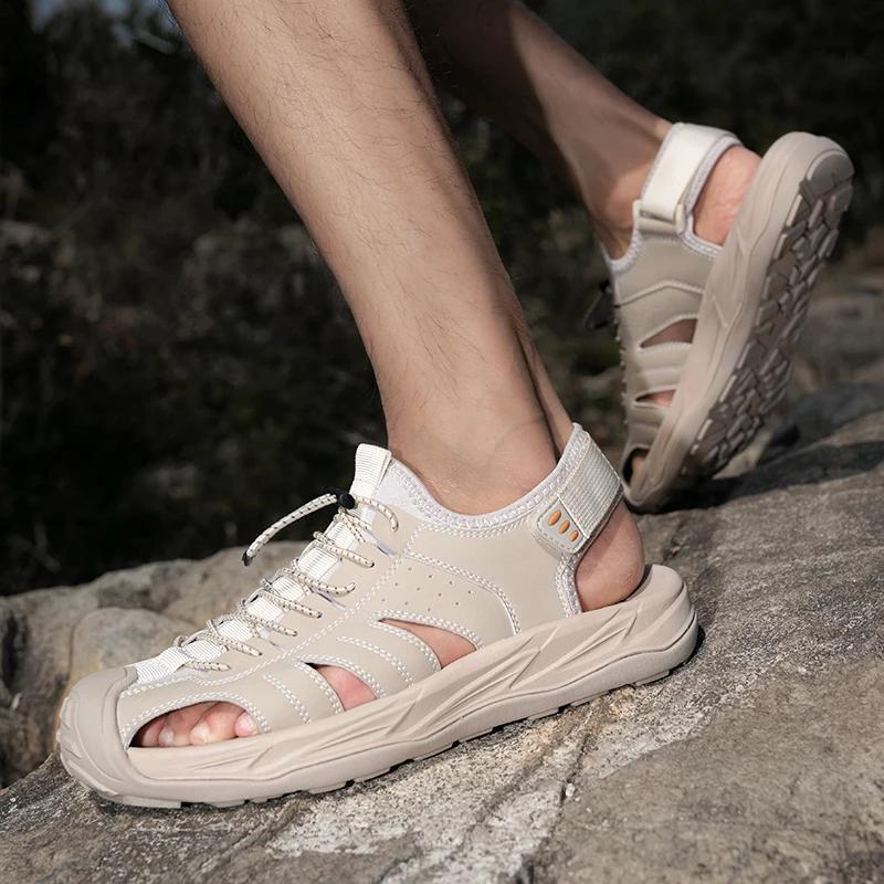 Fashion Summer Outdoor Men's Beach Leather Sandals Luxury Hand Sewn Thread Breathable Casual Sandals Man Wading  Non-slip Comfort Shoes