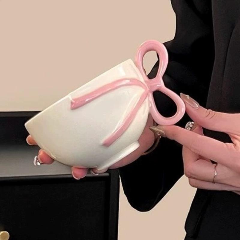 Ceramic Coffee Cup Cartoon Bow Handle Pink Ribbon Mug Afternoon Tea Accessories Girl's Gift Mugs Coffee Cups Birthday Present
