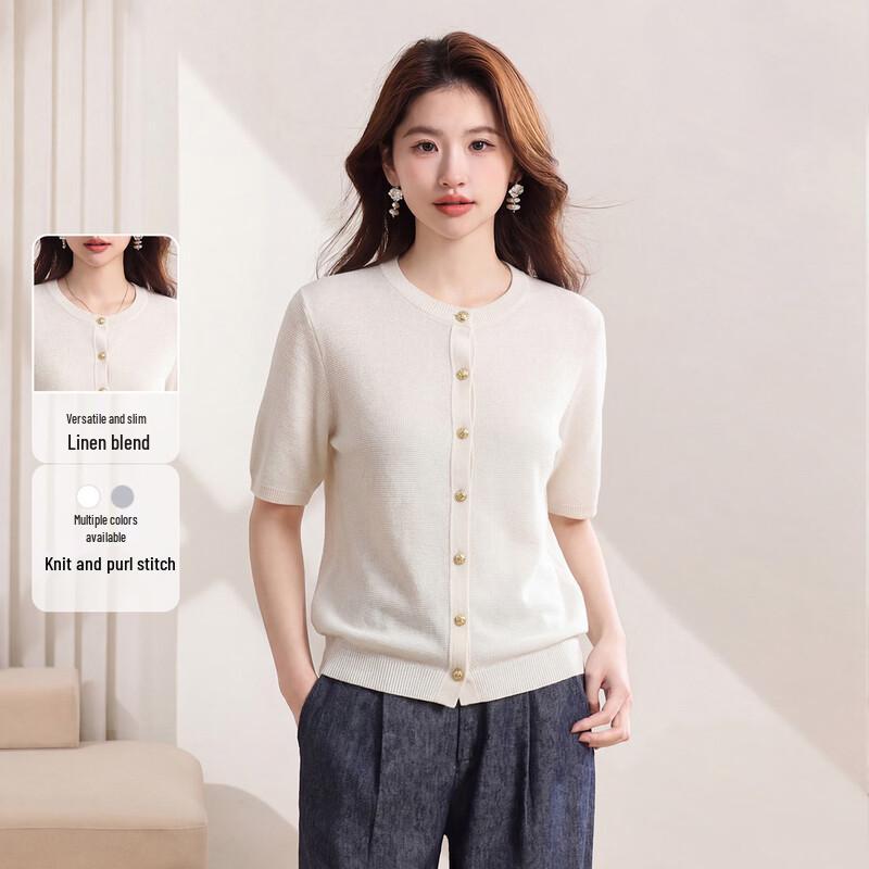 Women s Lyocell Linen Blend Short Sleeve Knit Cardigan L