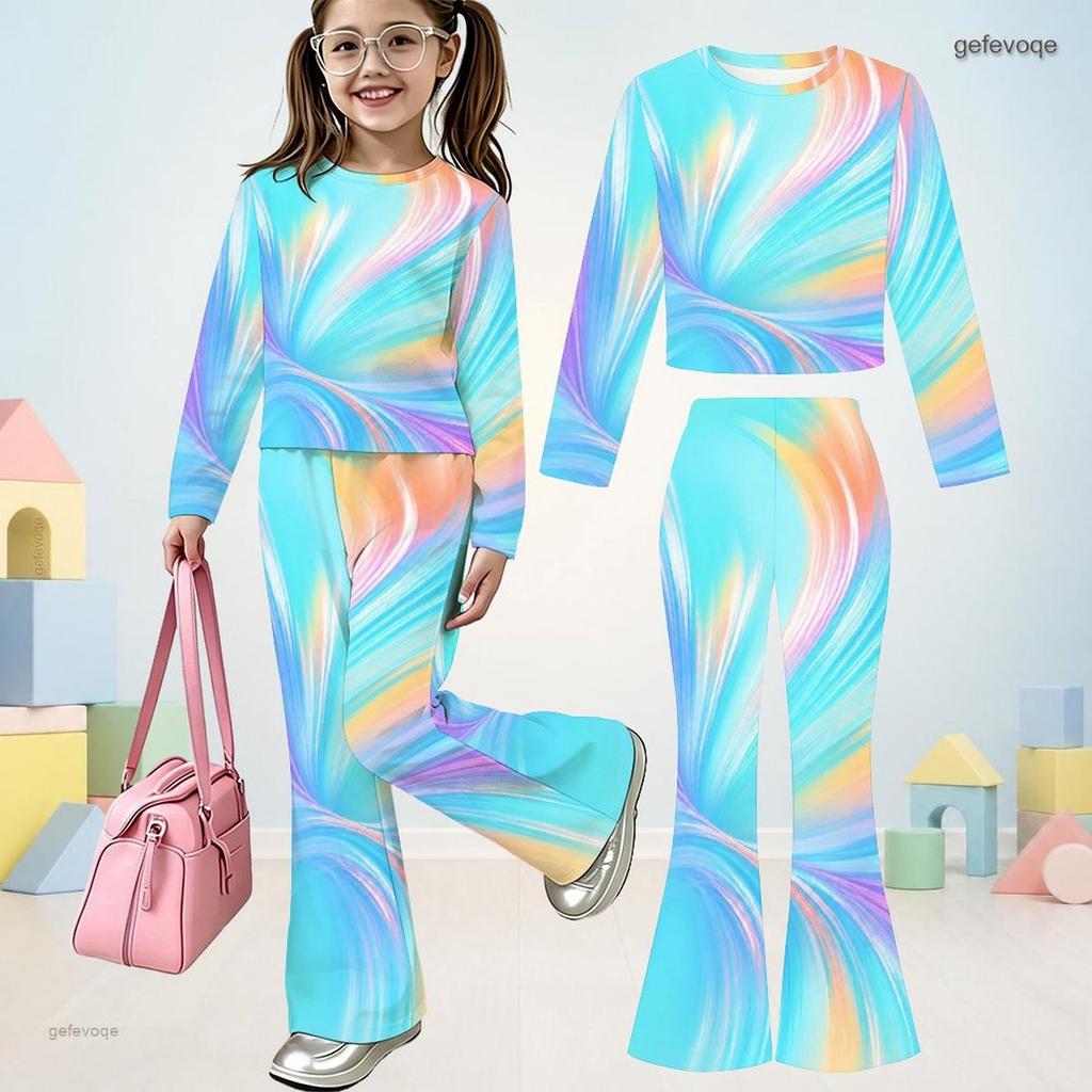 Girls Printed Round Neck Long Sleeve Crop Top Flared Pants Two Piece Set