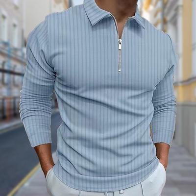 Polo Shirts Men Long Sleeve Fine Stripes Print New Men's Polo Shirt Long Sleeve Zipper T-shirt Top
