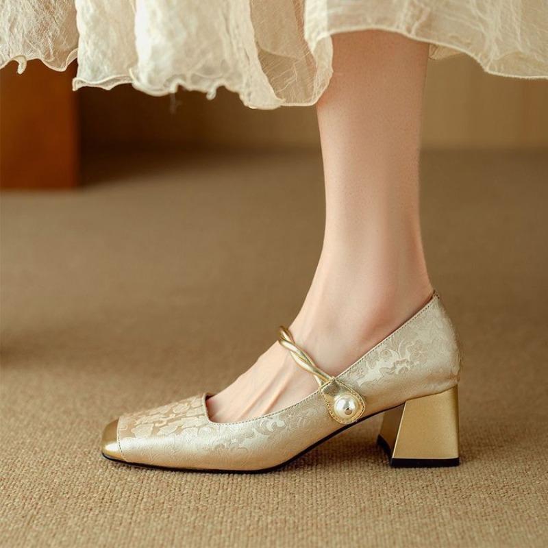 Spring high heels women's one-word strap single shoes color matching square head Mary Jane shoes pearl thick heel