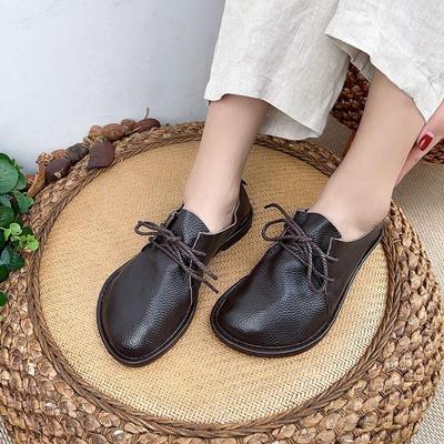 Flache Damenschuhe mit runder Spitze und Schnürung aus echtem Leder, lässig, handgefertigt, bequem, einfarbig