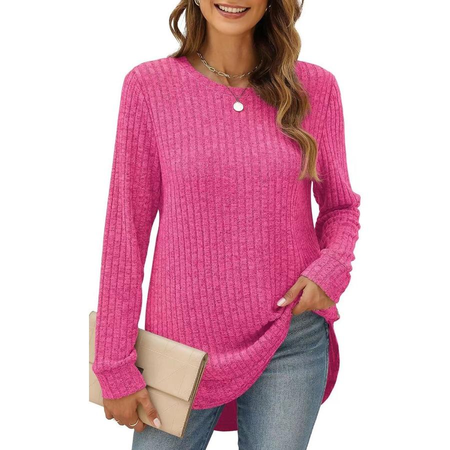 Autumn Winter Square Neck Stretch Rib Knit Top Solid Color Long Sleeve Loose T-shirt