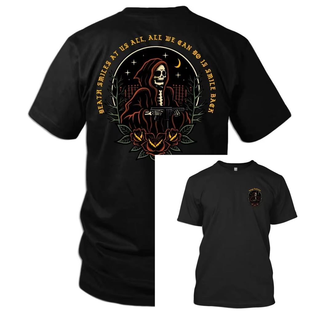 Red Black Gold Grim Reaper Rifle Rose Circle Print T Shirt Double Sided Savage Tacticians Dark Death Themed Reflective