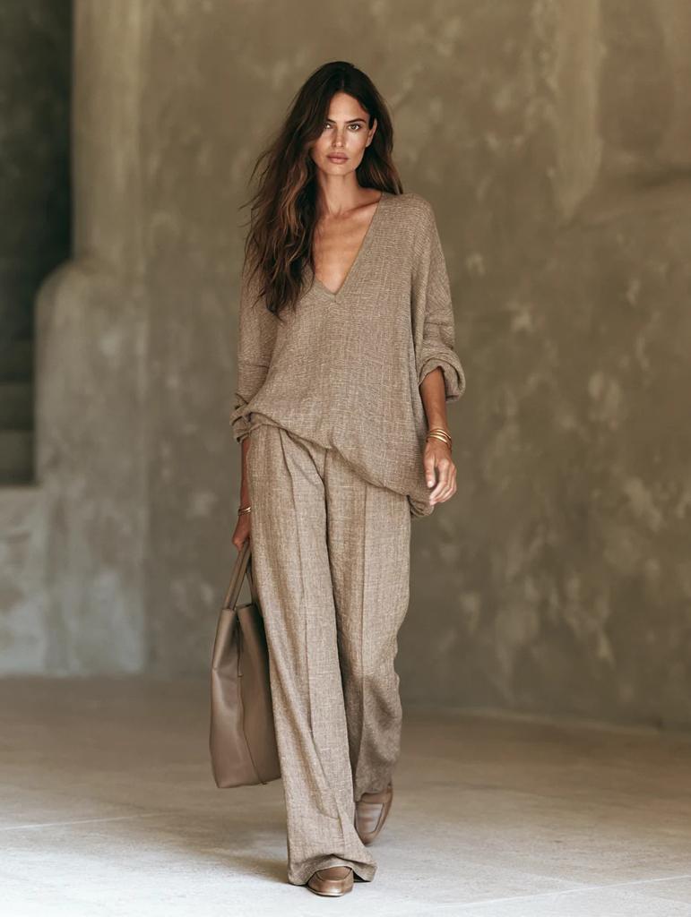 1116 European and American women's clothing lazy and relaxed V-neck long-sleeved top drape wide-leg pants old money style casual two-piece set