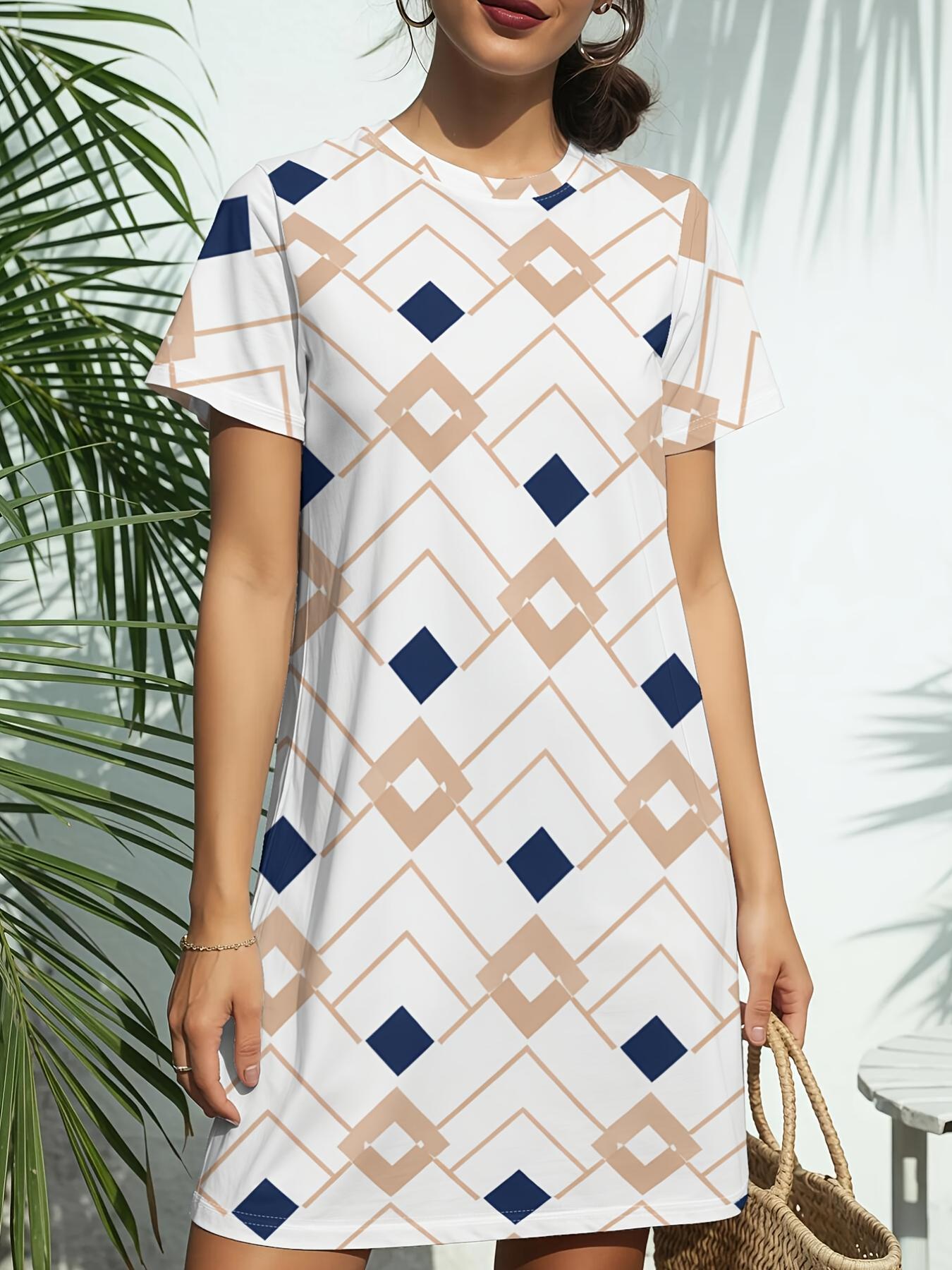 

Diamond Grid Minimal Print New Women S Round Neck Short Sleeve T-Shirt Dress. American Style Trend Digital Printing. Casual And Versatile for Spring A 3XL дубильная кора