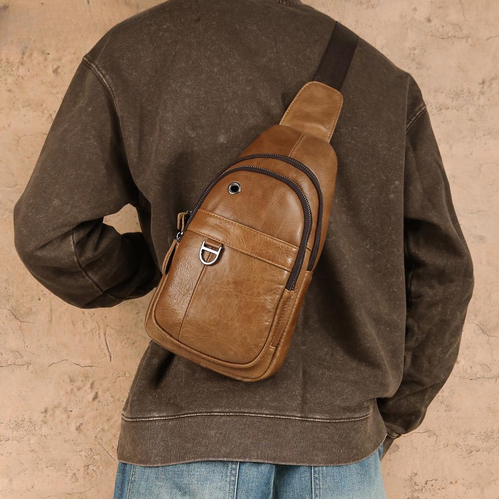 Herren Echtleder Brusttasche, Retro Trend Ein-Schulter-Tasche, Multifunktionale Herren-Tasche mit großer Kapazität, Pendeltasche