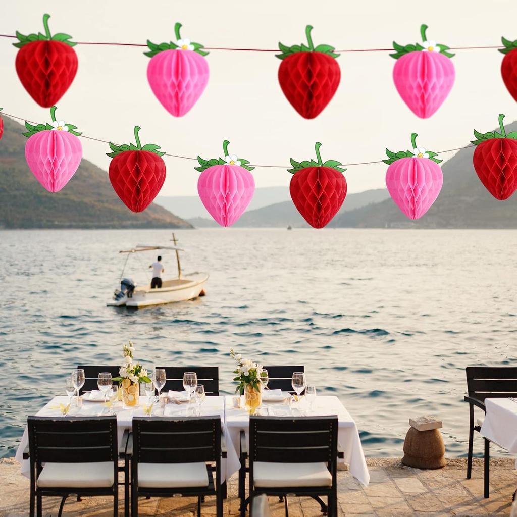 14 Pieces 6 Inches Strawberry Honeycomb Birthday Party Decorations Paper Strawberry Ball Tissue Shortcake Party Decorations for Girls Baby Shower