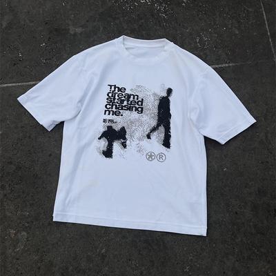 LUXEON Nadměrný Bavlněný Krátký Rukáv Stínovaný Potisk Y2k Top Trička Harajuku Streetwear Vintage Grafický Korejská Estetika Oblečení
