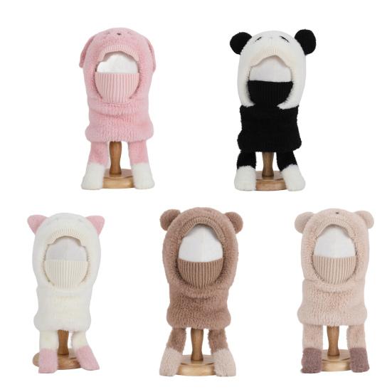 Kids Hat with Face Guard Scarf Plush Inner Lining Solid Color Bear Shape Warm Windproof Knit Hat Autumn Winter Outdoor Wear