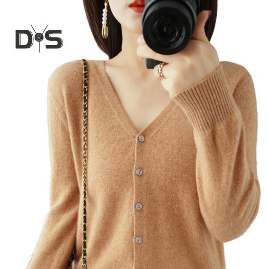 Spring Summer Knitting Cardigan V-Neck Long Sleeve Ribbed Cuffs Sweater Solid Color Single Breasted Stretchy Knitwear