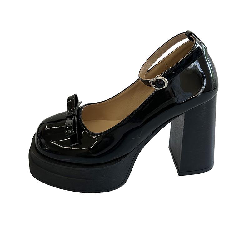 Fashion White Mary Janes High Heels Women Cute Bow Patent Leather Thick Heel Pumps Buckle Strap Lolita Shoes Black Dress Party Shoes