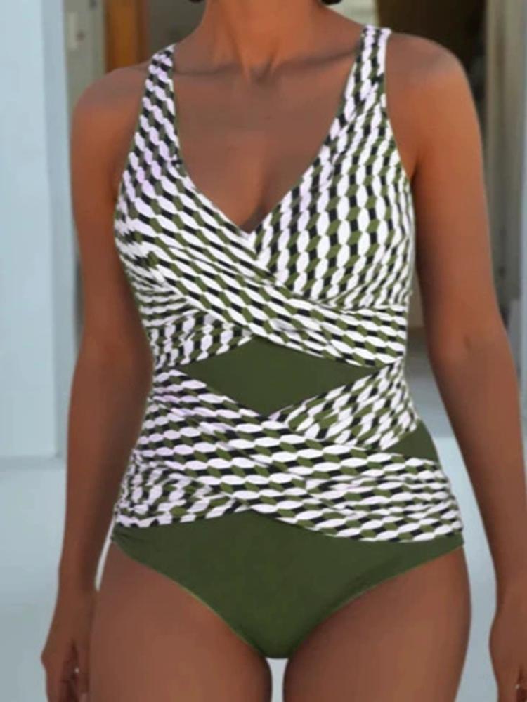 Swimsuit Women V-Neck Swimwear Spliced Striped Fashion One Piece Bodysuit Swimming Suit Summer Fashion Bathing Bikinis