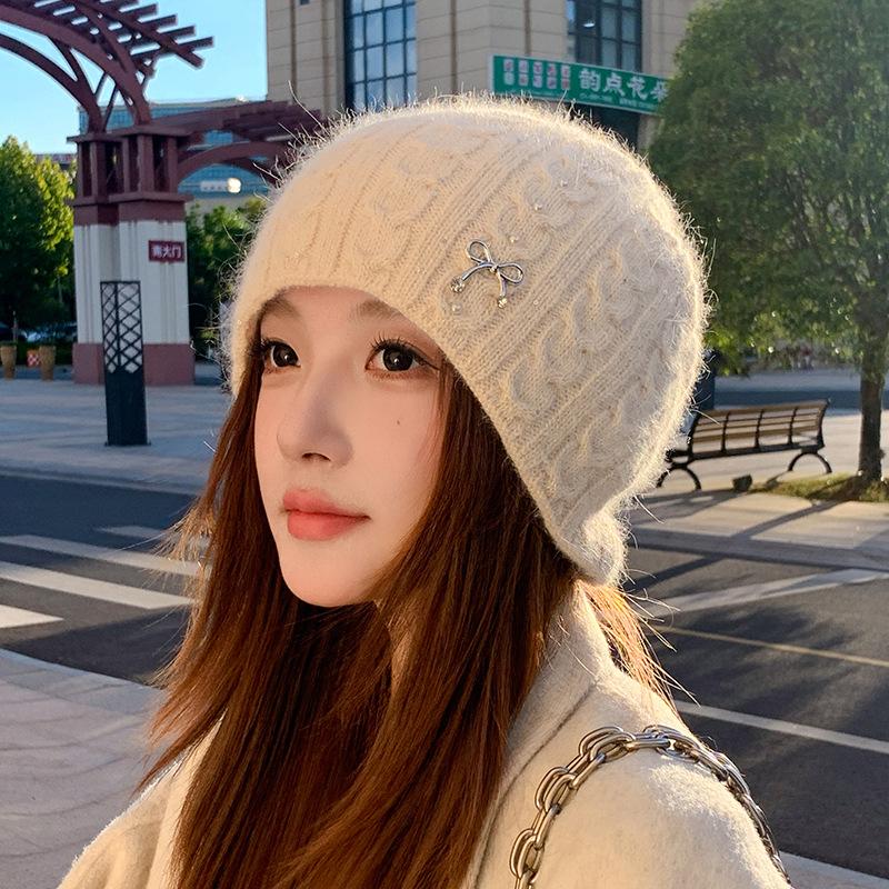 Rabbit Fur Knitted Hat Women's Autumn and Winter Thickened Cold-proof Ear Protection Hat, Wool Hat After Keeping Warm