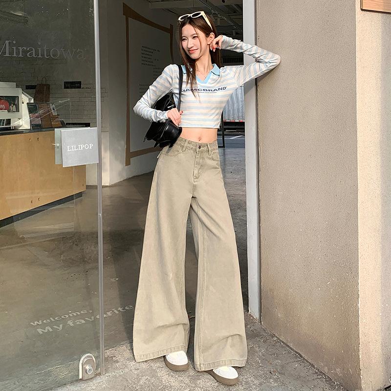 New wash American tube pull high waist casual pants women's spring versatile wide leg flared jeans cotton